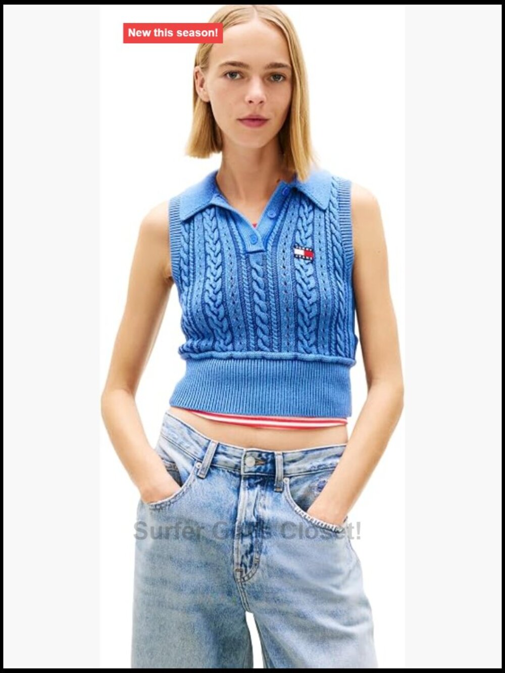 Sleeveless Cable Knit Sweater Vest Cropped Polo Women's Cotton